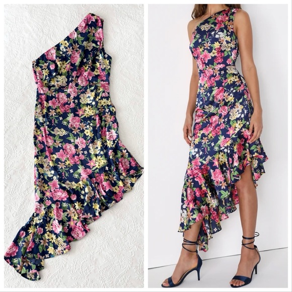 NWOT Lulus Divinely Blooming Blue Multi Floral One-Shoulder Midi Dress XLarge - Picture 1 of 8